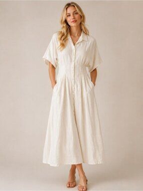Exquise Anthropologie Tobie Linen Maxi Dress Natural White Pockets Viral M